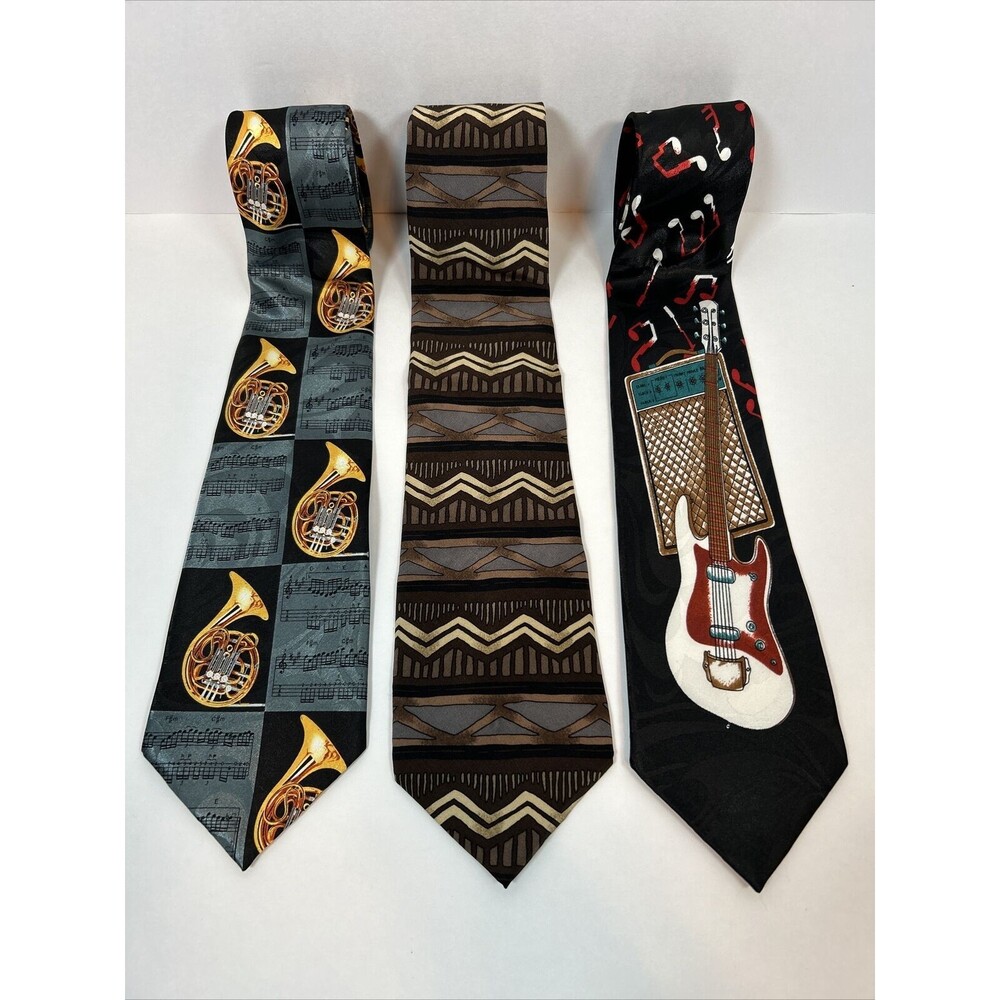 Lot Of 3 Music Themed Ties - Steven Harris French Horn Guitar - Jerry Garcia